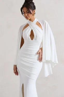 Audrina | White Ruched Halter-Neck Split Maxi Dress With Cape
