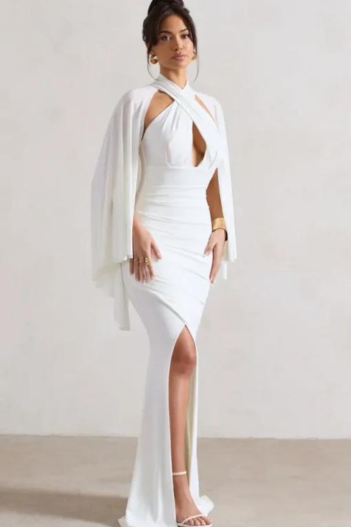Audrina | White Ruched Halter-Neck Split Maxi Dress With Cape