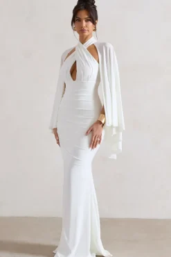 Audrina | White Ruched Halter-Neck Split Maxi Dress With Cape