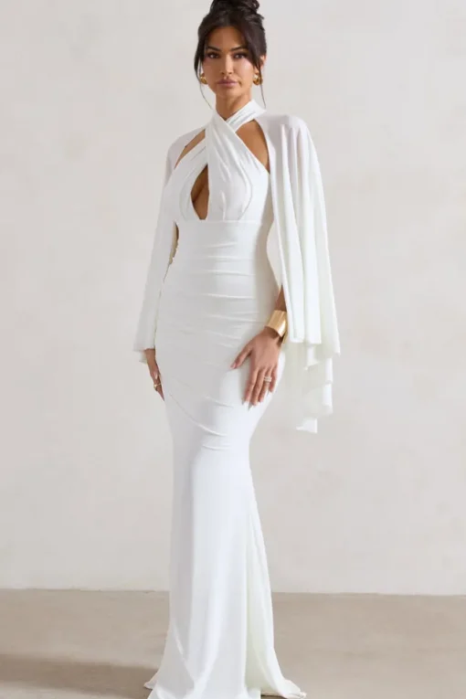 Audrina | White Ruched Halter-Neck Split Maxi Dress With Cape