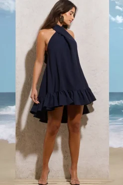 August | Navy Halter-Neck Smock Mini Dress