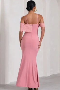 Augusta | Blush Pink Mesh Bardot Strappy Split Maternity Maxi Dress