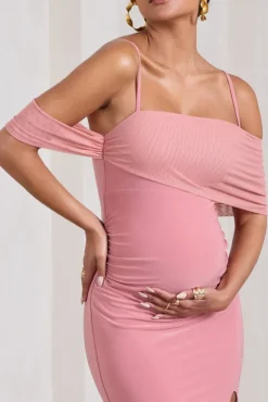 Augusta | Blush Pink Mesh Bardot Strappy Split Maternity Maxi Dress
