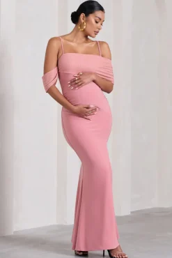 Augusta | Blush Pink Mesh Bardot Strappy Split Maternity Maxi Dress