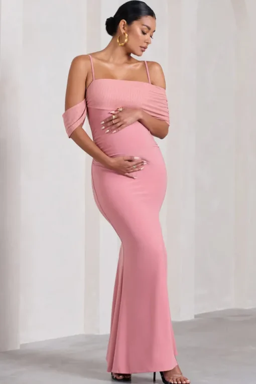 Augusta | Blush Pink Mesh Bardot Strappy Split Maternity Maxi Dress