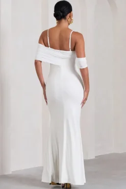 Augusta | White Mesh Bardot Strappy Split Maternity Maxi Dress