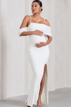 Augusta | White Mesh Bardot Strappy Split Maternity Maxi Dress