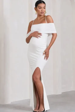 Augusta | White Mesh Bardot Strappy Split Maternity Maxi Dress