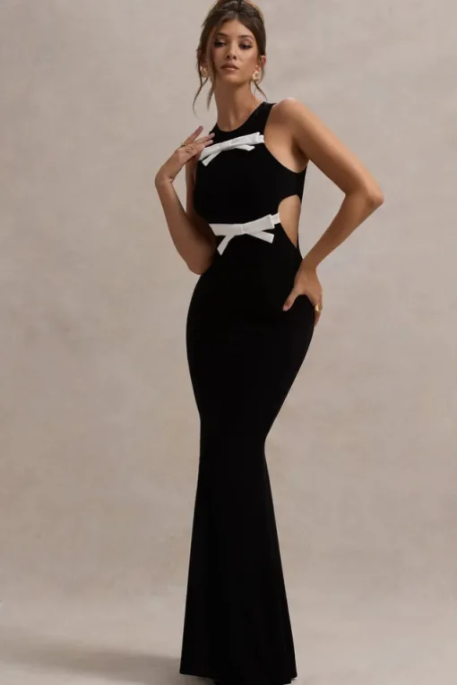 Aurelie | Black Cut-Out Maxi Dress With Bows