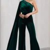 Aurora | Bottle Green Velvet One Shoulder Cape Sleeve Jumpsuit