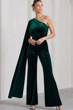 Aurora | Bottle Green Velvet One Shoulder Cape Sleeve Jumpsuit