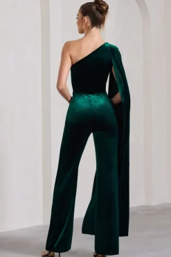 Aurora | Bottle Green Velvet One Shoulder Cape Sleeve Jumpsuit