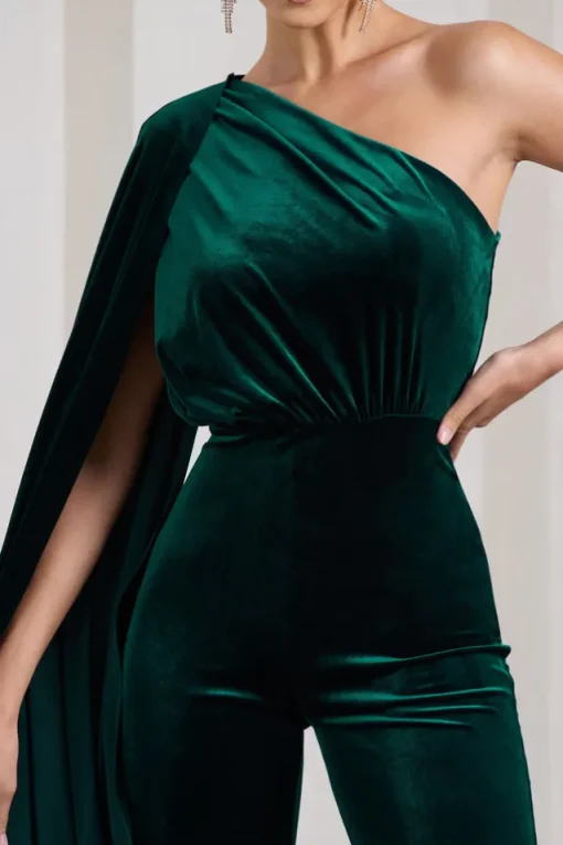 Aurora | Bottle Green Velvet One Shoulder Cape Sleeve Jumpsuit