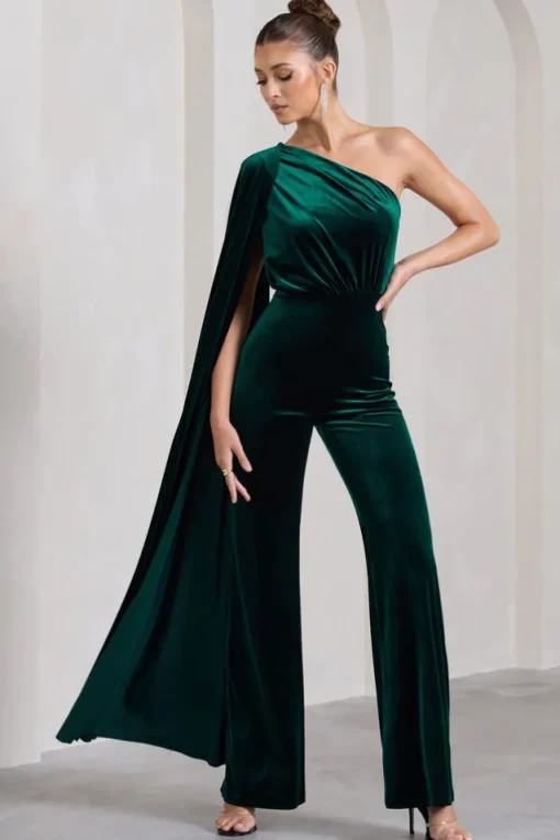 Aurora | Bottle Green Velvet One Shoulder Cape Sleeve Jumpsuit