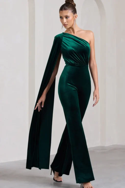 Aurora | Bottle Green Velvet One Shoulder Cape Sleeve Jumpsuit