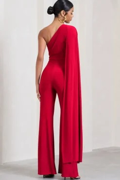 Aurora | Red One Shoulder Cape Sleeve Jumpsuit
