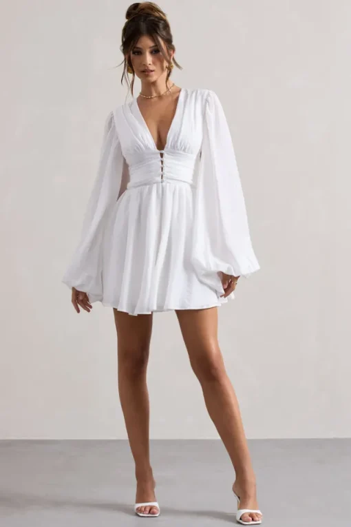 Avalon | White Plunge-Neck Balloon-Sleeve Mini Dress