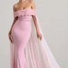 Avant Garde | Blush Pink Floral Bardot Fishtail Maxi Dress With Mesh Cape