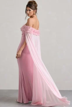 Avant Garde | Blush Pink Floral Bardot Fishtail Maxi Dress With Mesh Cape