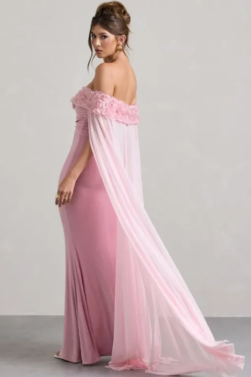 Avant Garde | Blush Pink Floral Bardot Fishtail Maxi Dress With Mesh Cape