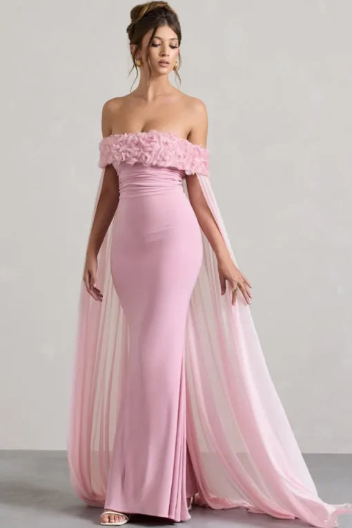 Avant Garde | Blush Pink Floral Bardot Fishtail Maxi Dress With Mesh Cape