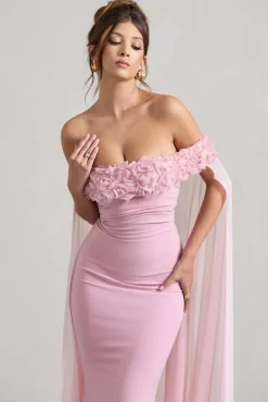Avant Garde | Blush Pink Floral Bardot Fishtail Maxi Dress With Mesh Cape