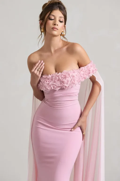 Avant Garde | Blush Pink Floral Bardot Fishtail Maxi Dress With Mesh Cape
