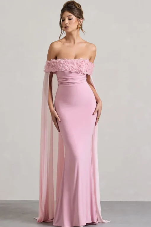 Avant Garde | Blush Pink Floral Bardot Fishtail Maxi Dress With Mesh Cape