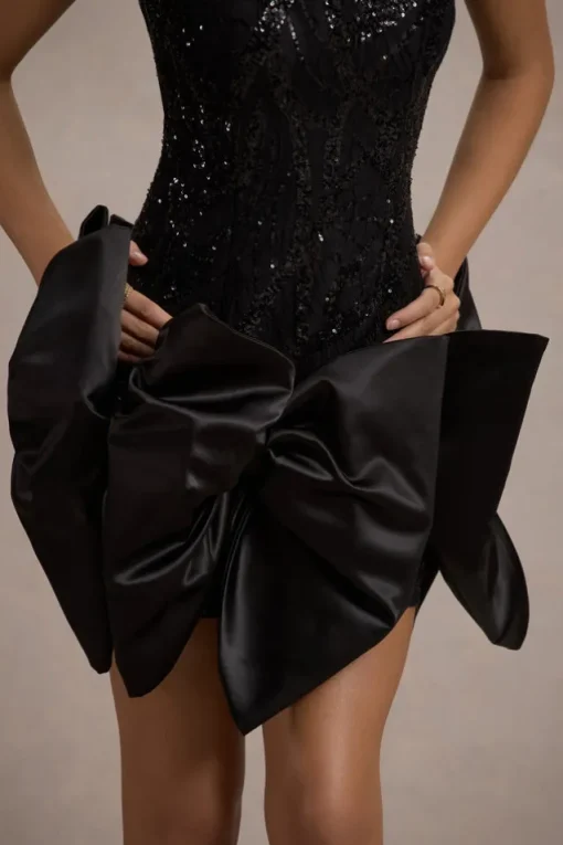 Aveline | Black Lace Square-Neck Mini Dress With Bows