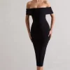 Averie | Black Bodycon Bardot Midi Dress