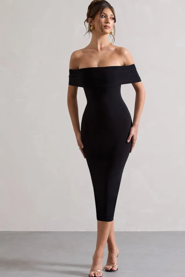 Averie | Black Bodycon Bardot Midi Dress