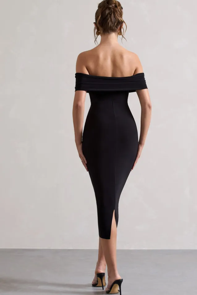 Averie | Black Bodycon Bardot Midi Dress
