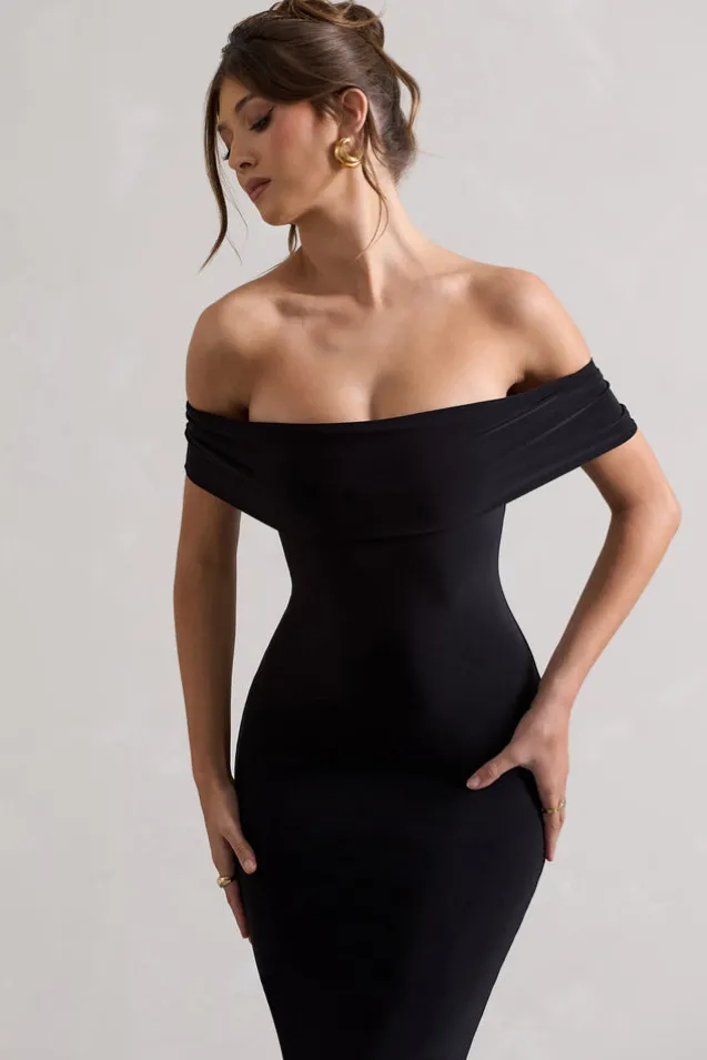 Averie | Black Bodycon Bardot Midi Dress