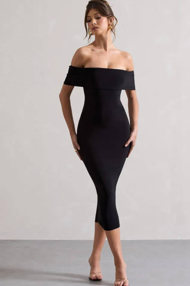 Averie | Black Bodycon Bardot Midi Dress
