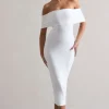 Averie | White Bodycon Bardot Midi Dress