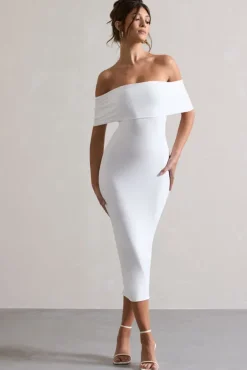 Averie | White Bodycon Bardot Midi Dress