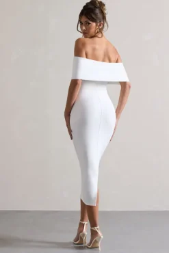 Averie | White Bodycon Bardot Midi Dress