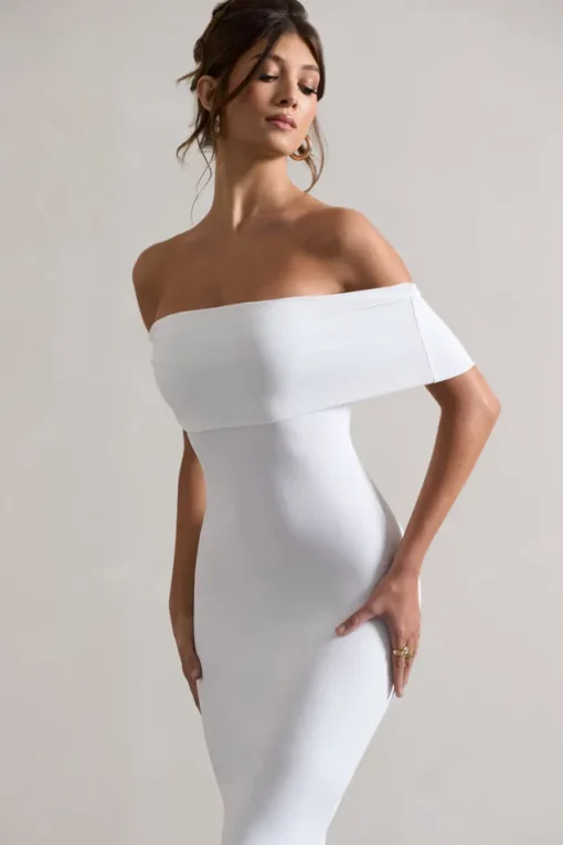 Averie | White Bodycon Bardot Midi Dress