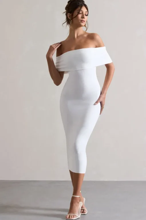 Averie | White Bodycon Bardot Midi Dress