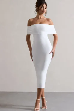 Averie | White Bodycon Bardot Midi Dress