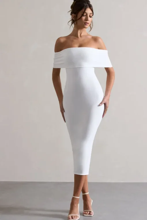 Averie | White Bodycon Bardot Midi Dress