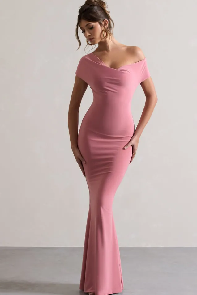 Avila | Blush Pink Asymmetric Bardot Maxi Dress