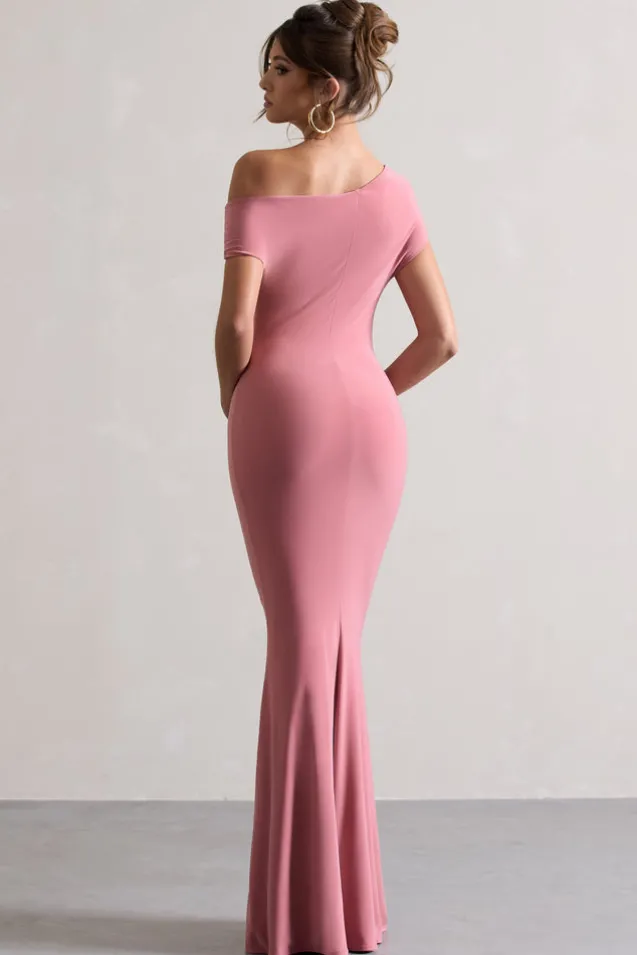 Avila | Blush Pink Asymmetric Bardot Maxi Dress