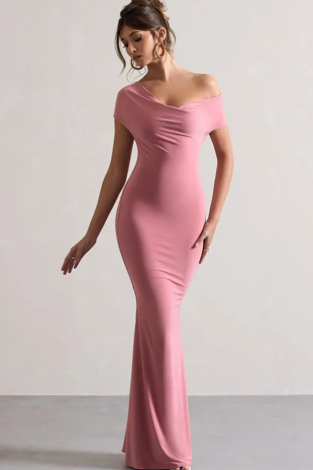 Avila | Blush Pink Asymmetric Bardot Maxi Dress