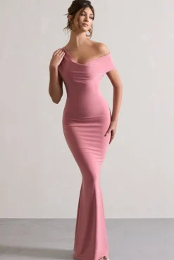 Avila | Blush Pink Asymmetric Bardot Maxi Dress