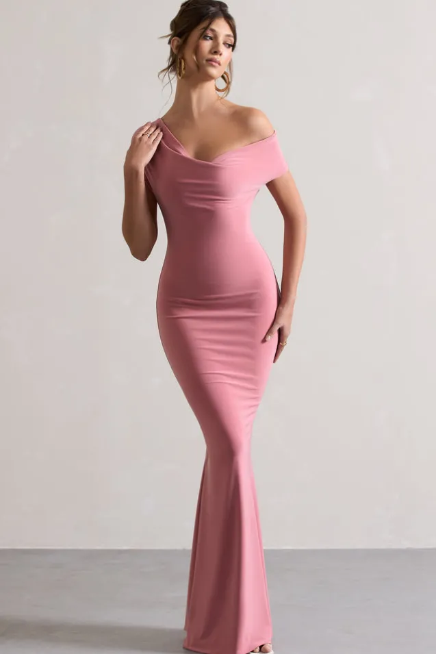 Avila | Blush Pink Asymmetric Bardot Maxi Dress