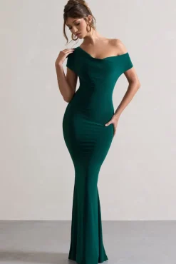 Avila | Bottle Green Asymmetric Bardot Maxi Dress