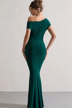 Avila | Bottle Green Asymmetric Bardot Maxi Dress