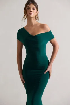 Avila | Bottle Green Asymmetric Bardot Maxi Dress