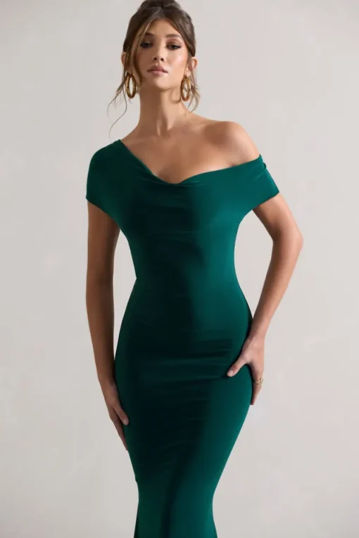 Avila | Bottle Green Asymmetric Bardot Maxi Dress